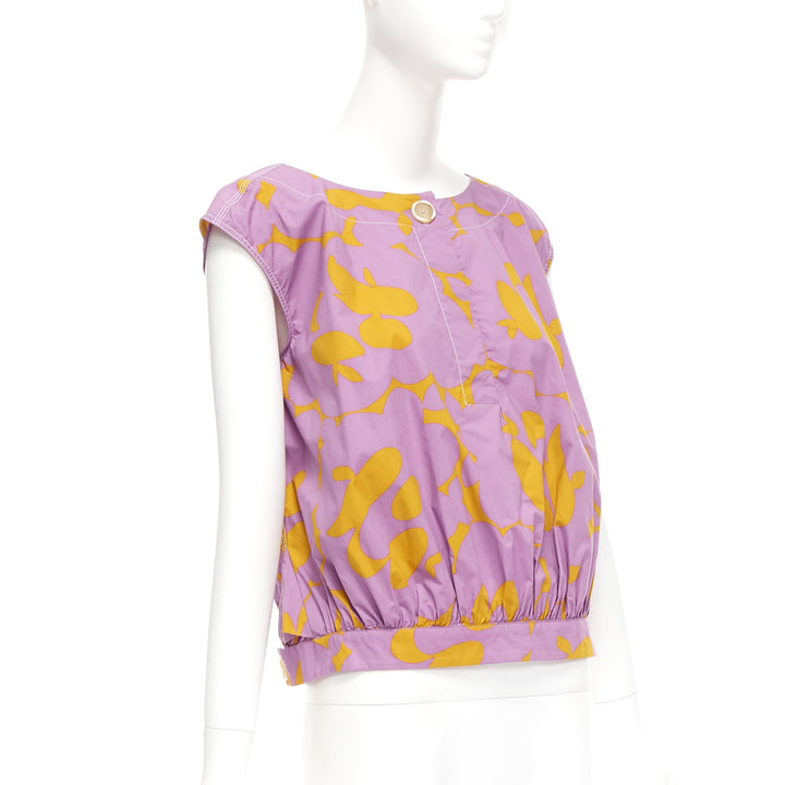 MARNI 100% cotton purple mustard abstract floral overstitched boxy vest IT38 XS