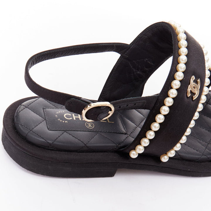 CHANEL 2022 black pearl embellished satin CC flat dad sandals EU36.5