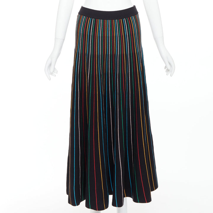 RED VALENTINO black rainbow stripe cotton blend knitted midi skirt S