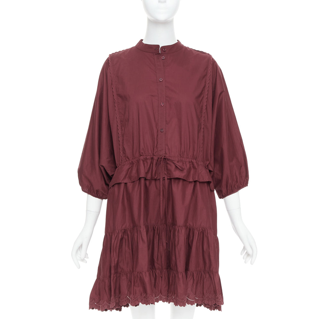 SEE BY CHLOE 616 smoked red cotton SBC scallop trim shirt dress FR40 L