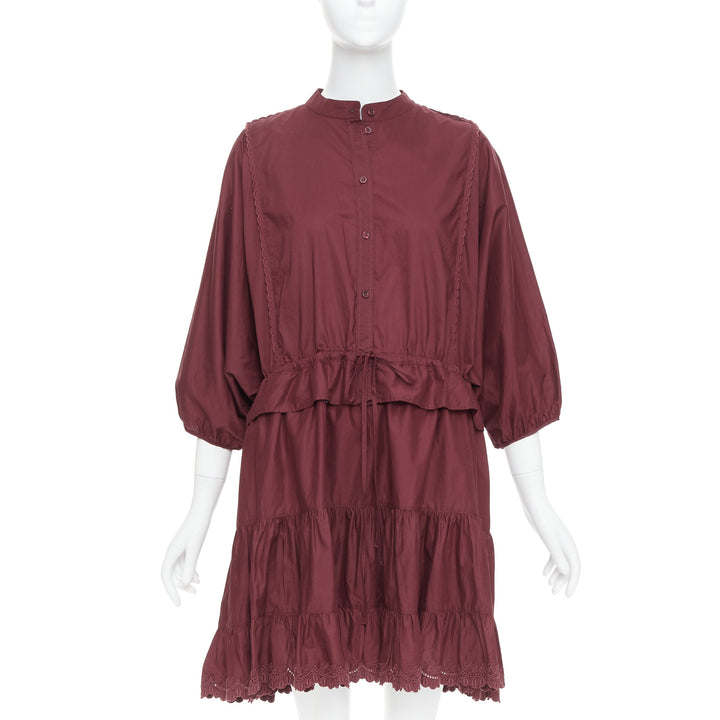 SEE BY CHLOE 616 smoked red cotton SBC scallop trim shirt dress FR40 L