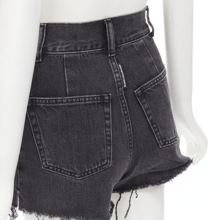 ALEXANDER WANG black washed denim silver buckle cut off frayed shorts 24"