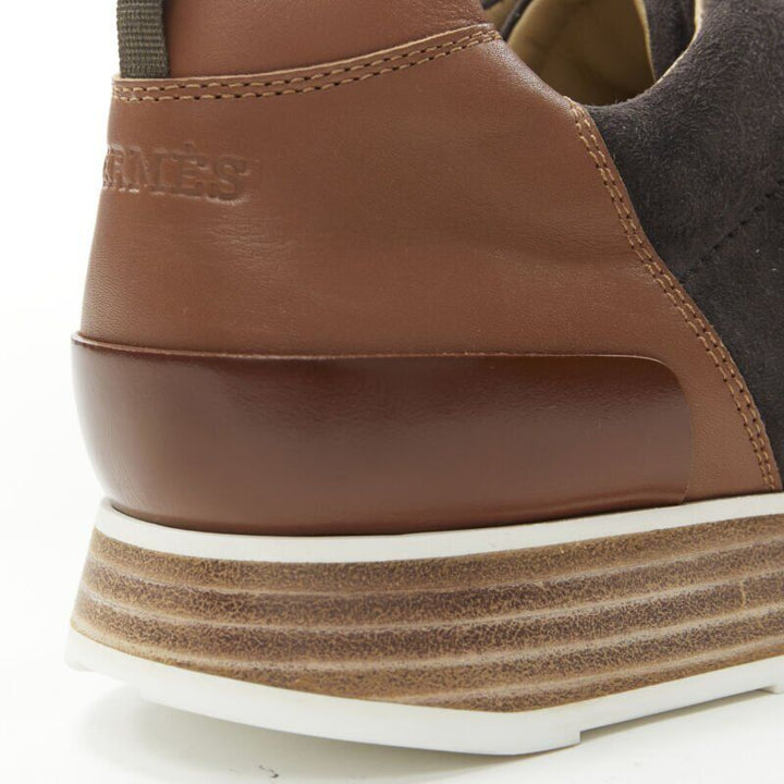 HERMES Buster grey brown suede lace up wooden rubber sole low sneaker EU39.5