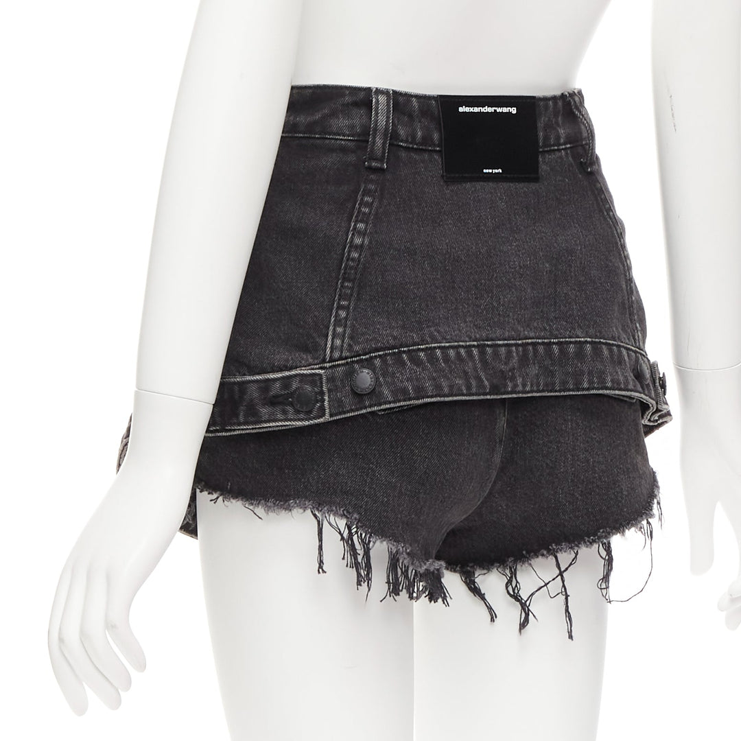 ALEXANDER WANG black washed cotton layered skort high waist cutaway shorts 25"