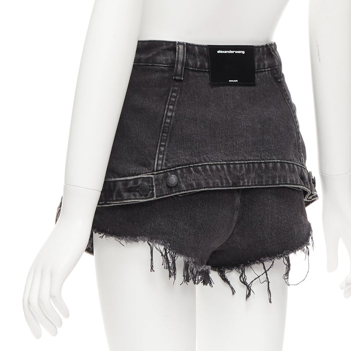 ALEXANDER WANG black washed cotton layered skort high waist cutaway shorts 25"