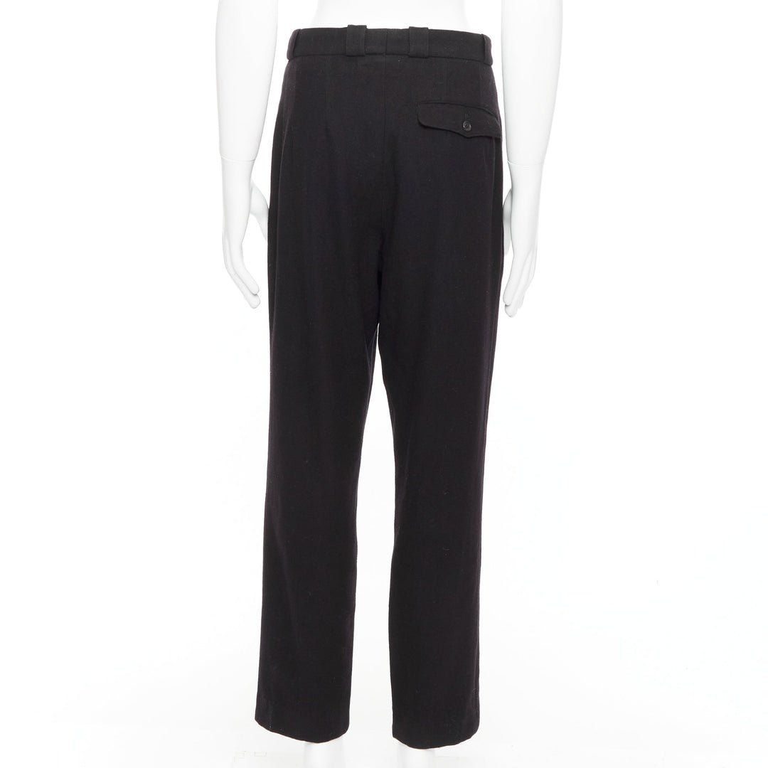 YOHJI YAMAMOTO navy 100% wool pleated front back flap tapered pants M
