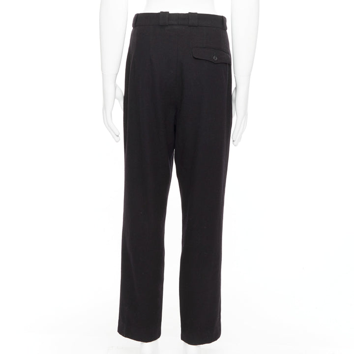 YOHJI YAMAMOTO navy 100% wool pleated front back flap tapered pants M