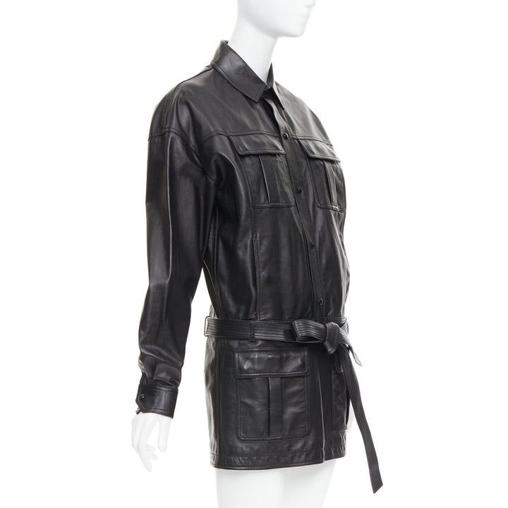 SAINT LAURENT 2018 black lambskin leather low waist safari shirt dress FR36 S