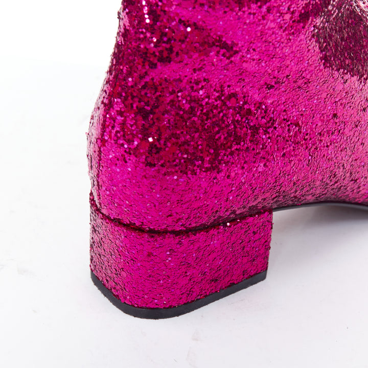 SAINT LAURENT Babies 40mm hot pink glitter chunky heel chelsea boots EU38.5