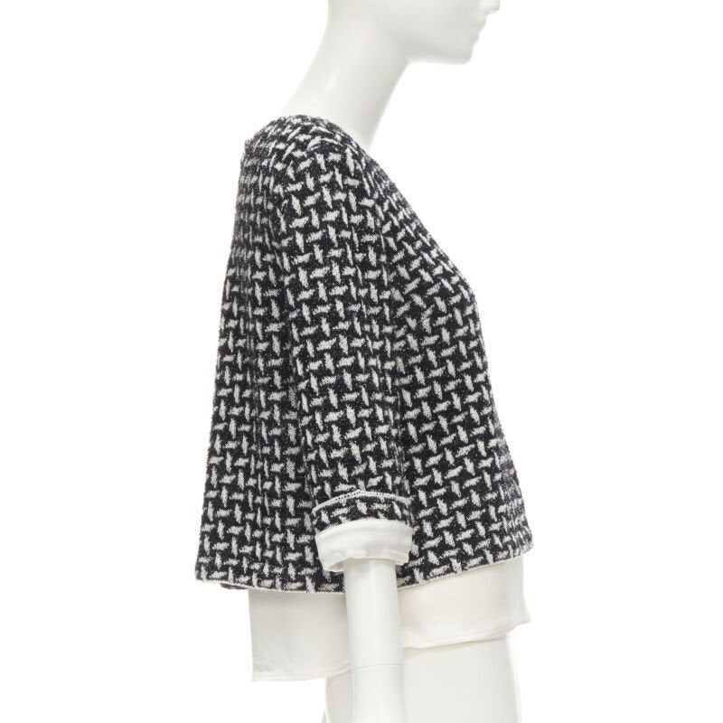 ST JOHN COUTURE metallic black white lattice crystal buttons layered top US6 M