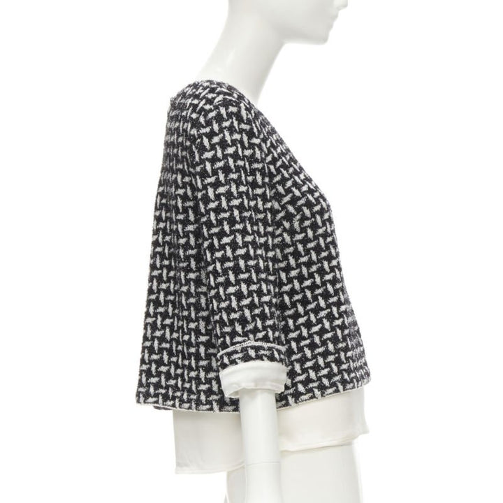 ST JOHN COUTURE metallic black white lattice crystal buttons layered top US6 M