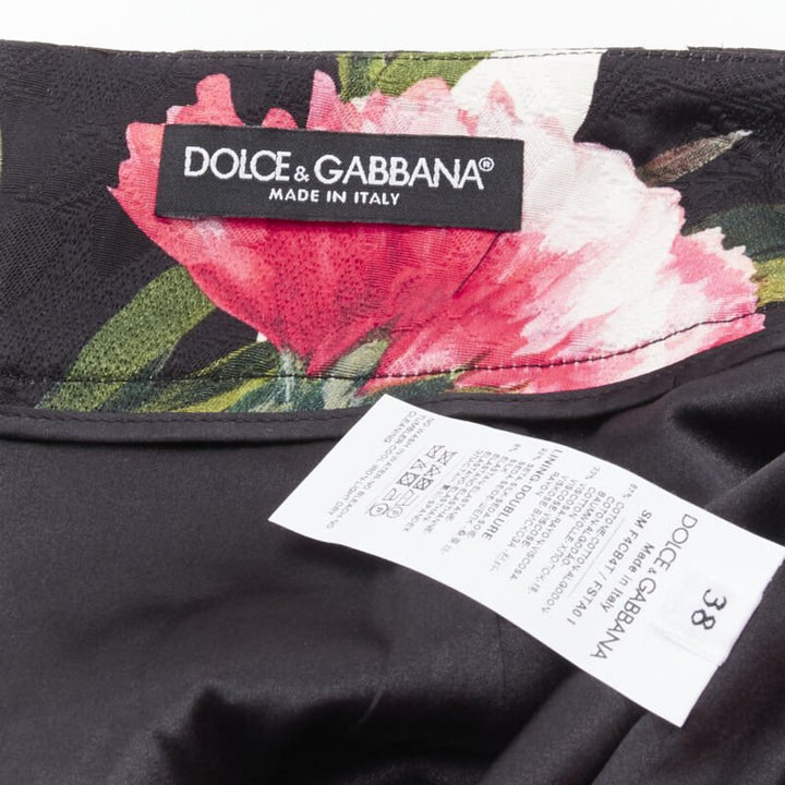 DOLCE GABBANA black pink carnation floral print jacquard mini skirt IT38 XS