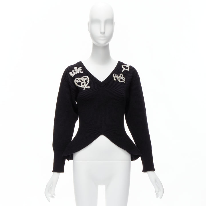 ALEXANDER MCQUEEN 2022 black logo beads embellished peplum ribbed sweater S