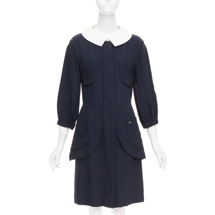 rare CHANEL 2015 Runway black silk white cotton collar trompe loeil dress FR36 S