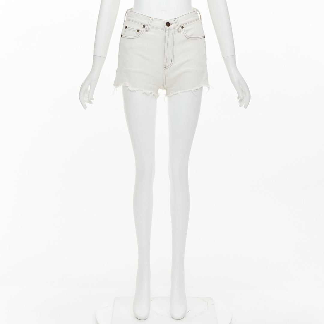 SAINT LAURENT 2021 light grey washed cotton distressed mini shorts 25"