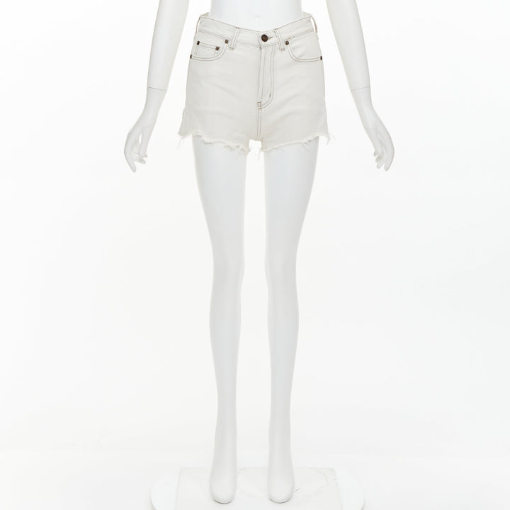 SAINT LAURENT 2021 light grey washed cotton distressed mini shorts 25"