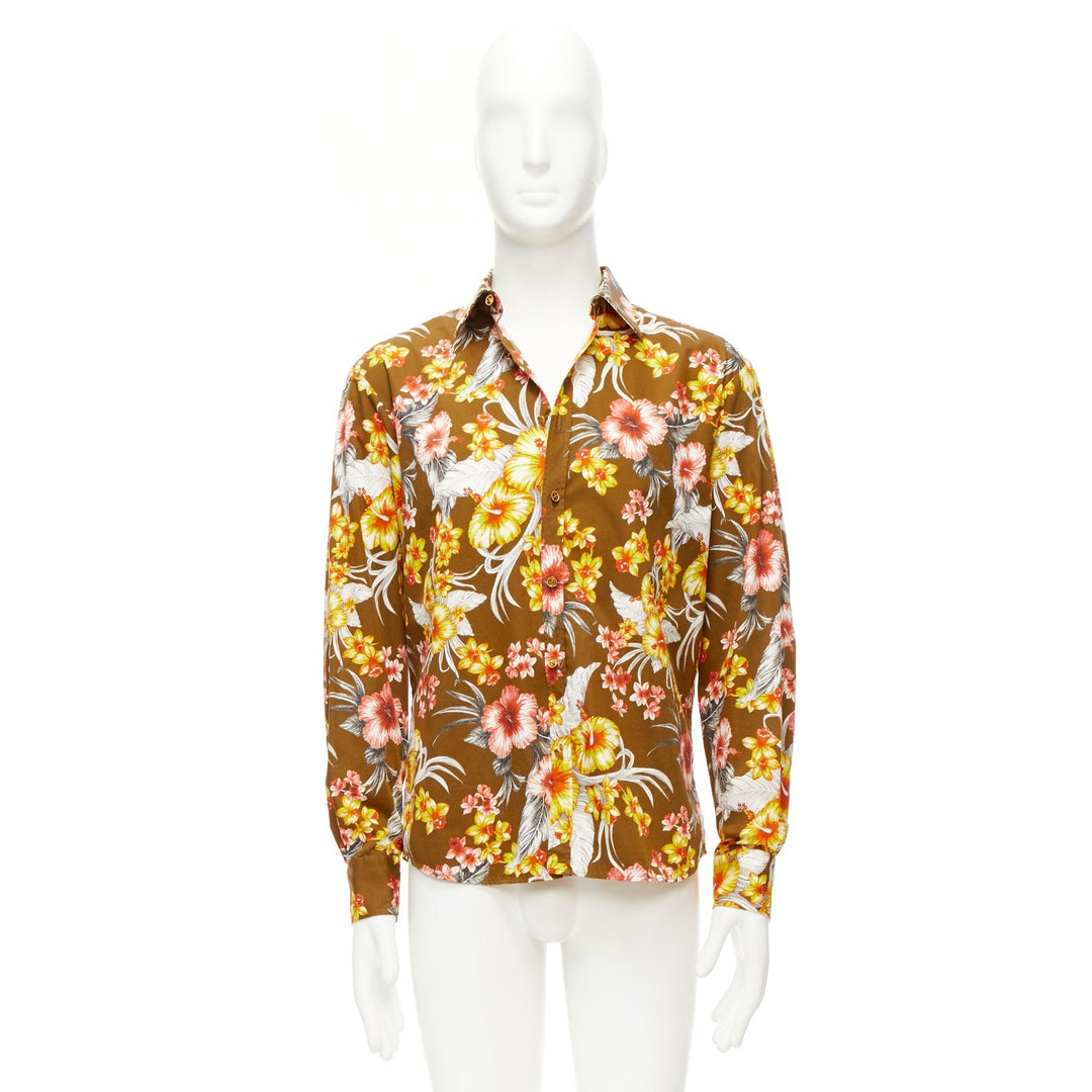 FAUSTO PUGLISI yellow tropical floral print cotton gold button shirt EU48 M