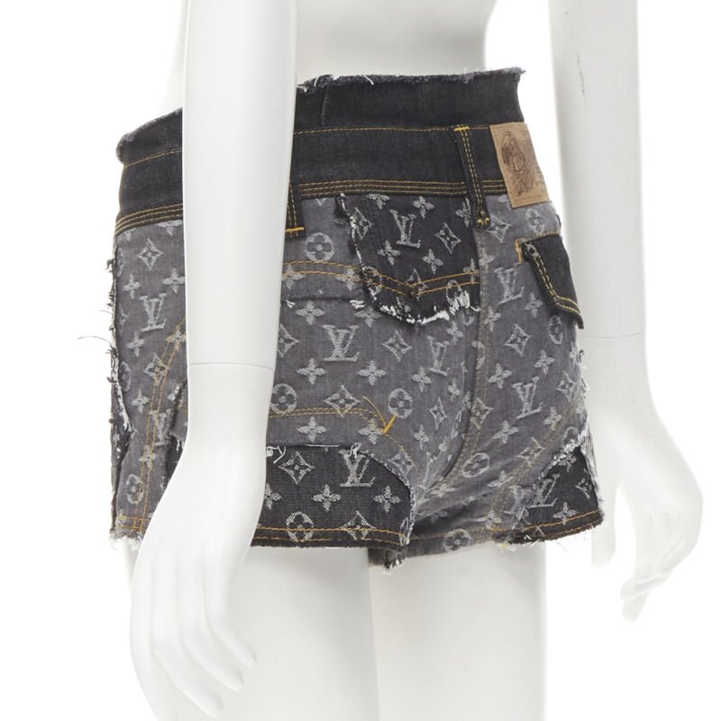 rare LOUIS VUITTON LV mongram jacquard raw cut patchwork shorts FR36 S