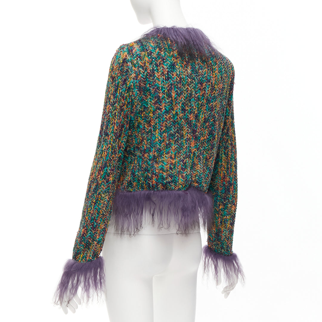rare EMANUEL UNGARO purple faux fur trim green speckled tweed jacket IT38 XS
