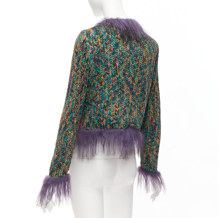 rare EMANUEL UNGARO purple faux fur trim green speckled tweed jacket IT38 XS