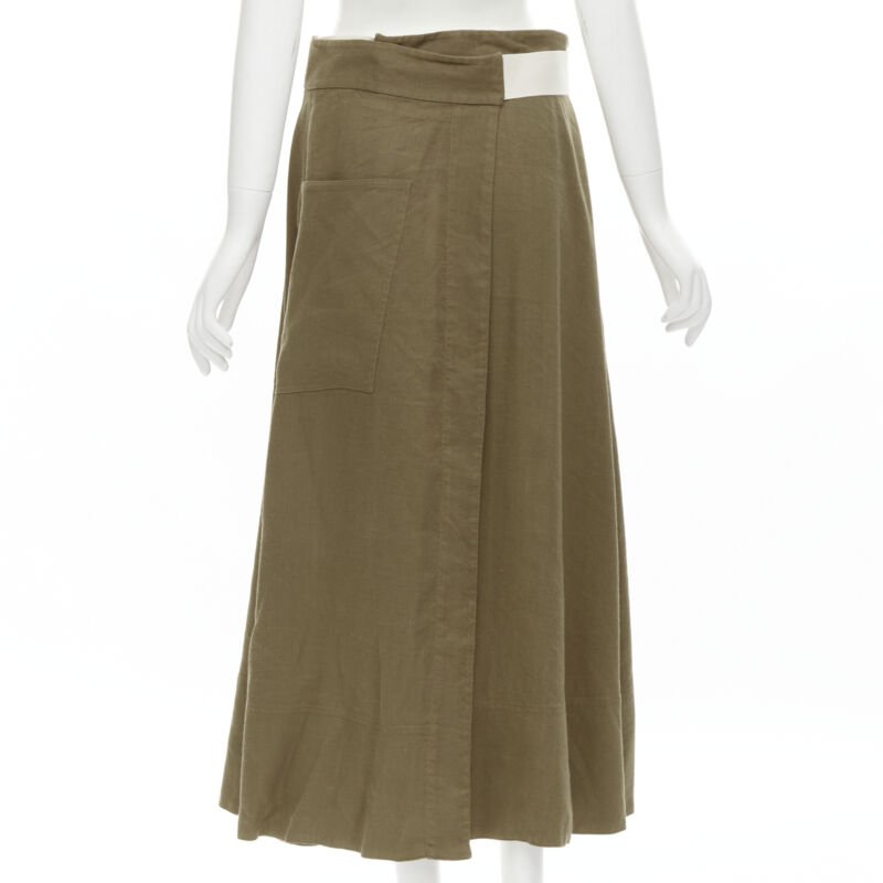 TIBI safari brown linen blend wide canvas belted wrap midi skirt US6 S