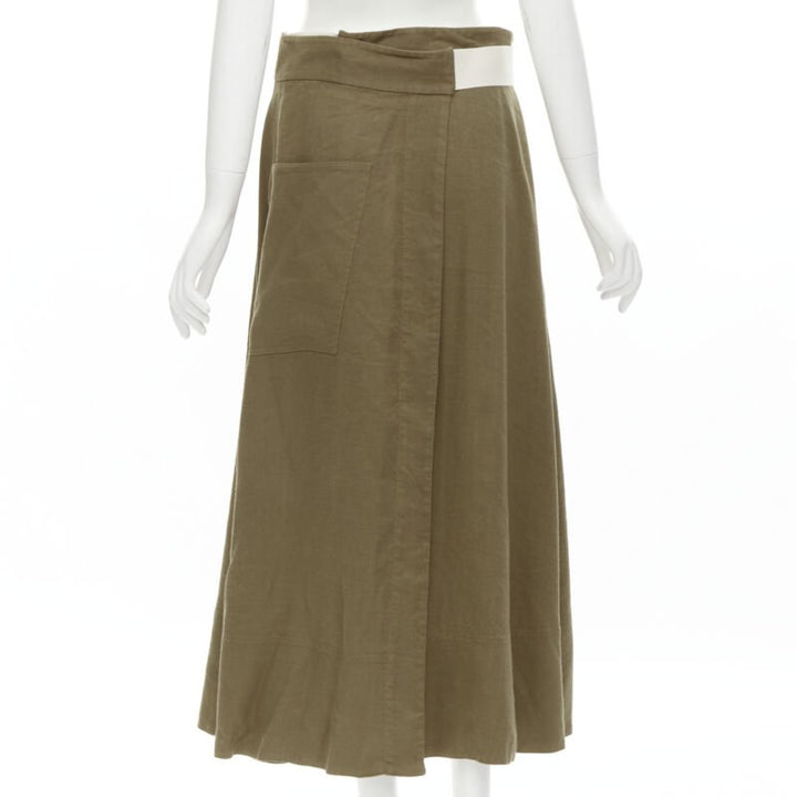 TIBI safari brown linen blend wide canvas belted wrap midi skirt US6 S