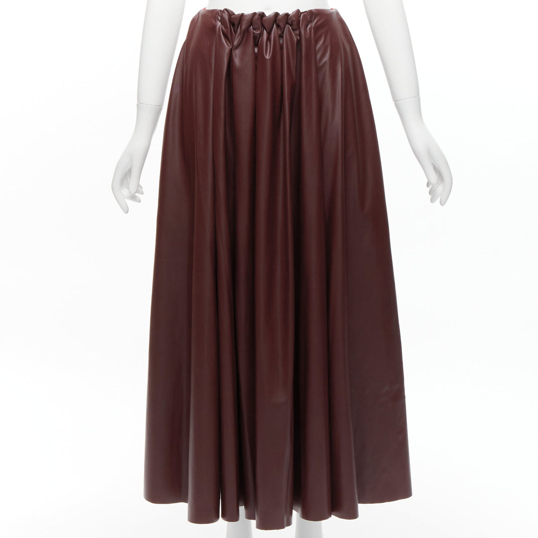 ROKSANDA burgundy faux leather wool lined ruched waist A-line midi skirt UK8 S