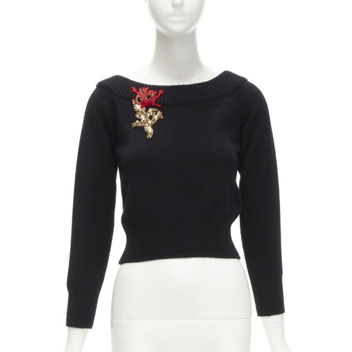 ALEXANDER MCQUEEN 2021 cashmere black coral crystal embroidery sweater S