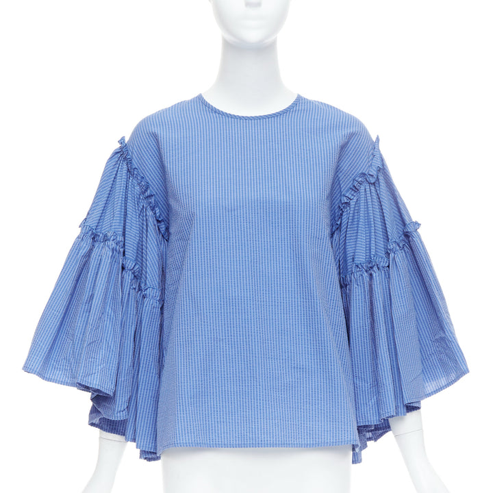 MSGM blue cotton blend striped flared sleeve crew neck crop top IT38 XS