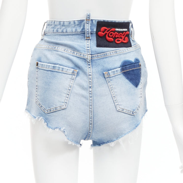 DSQUARED2 HONEY blue heart washed denim leopard lined hot pants IT36 XXS