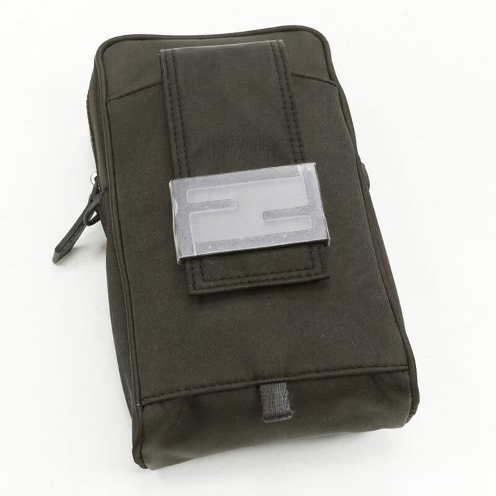FENDI KIM JONES 2022 dark green nylon FF Vertical Baguette crossbody bag