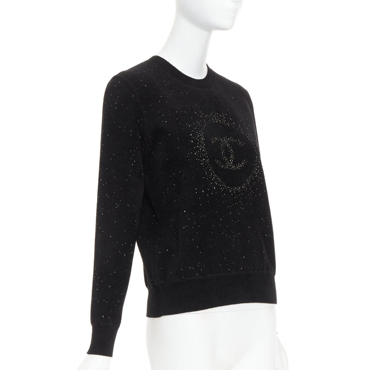 CHANEL black cupro blend CC starburst logo lurex long sleeve sweater FR36 S