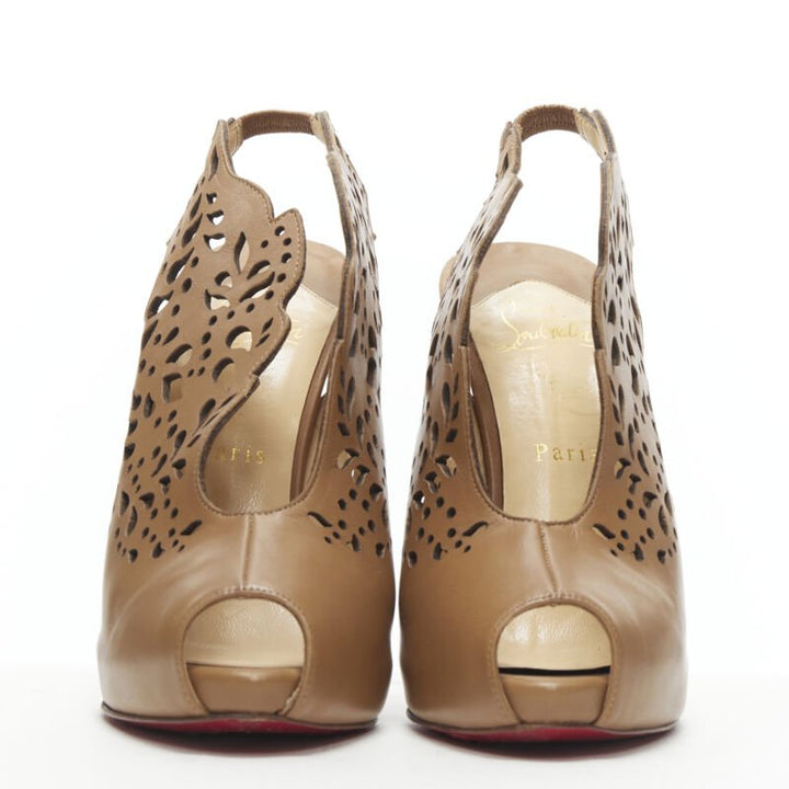 CHRISTIAN LOUBOUTIN Markesling 130 tan brown laser cut peep toe bootie EU39