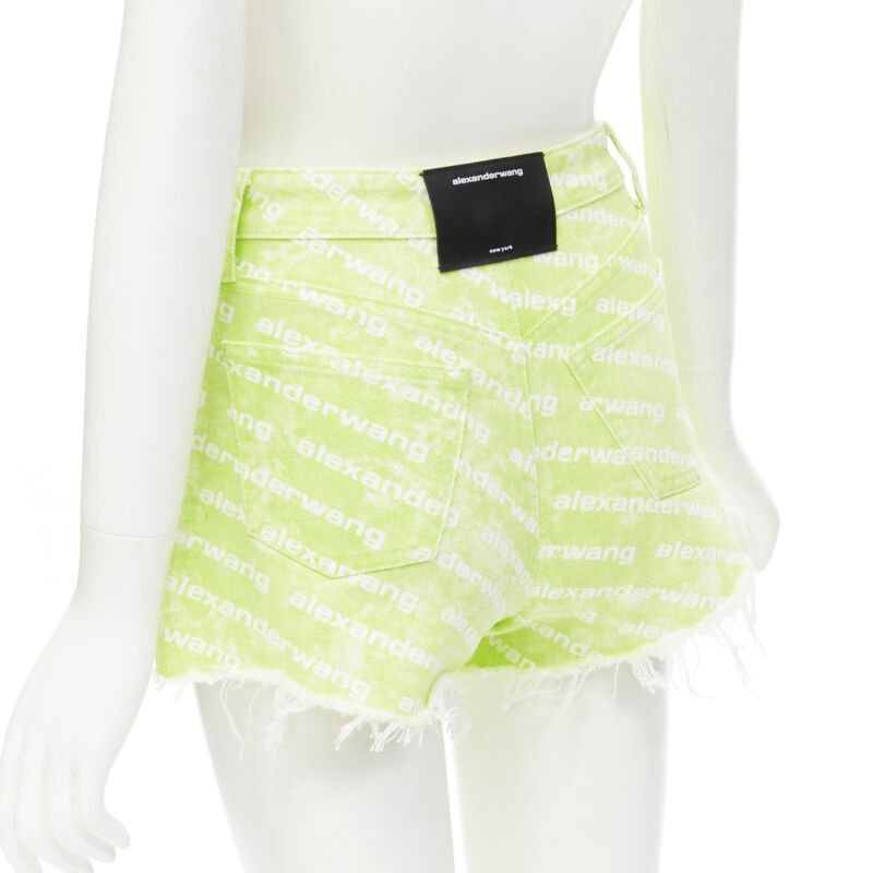 ALEXANDER WANG Bite High Rise green logo print cut off denim shorts 24"