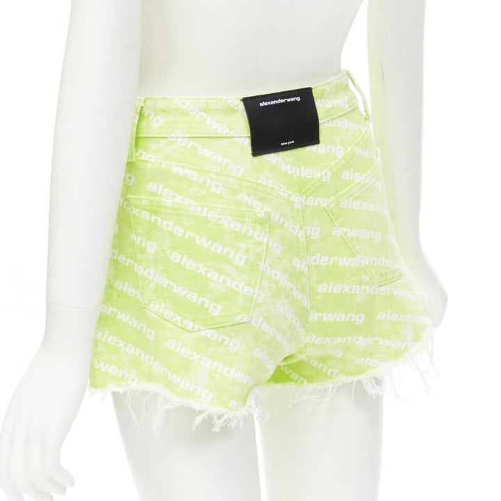 ALEXANDER WANG Bite High Rise green logo print cut off denim shorts 24"