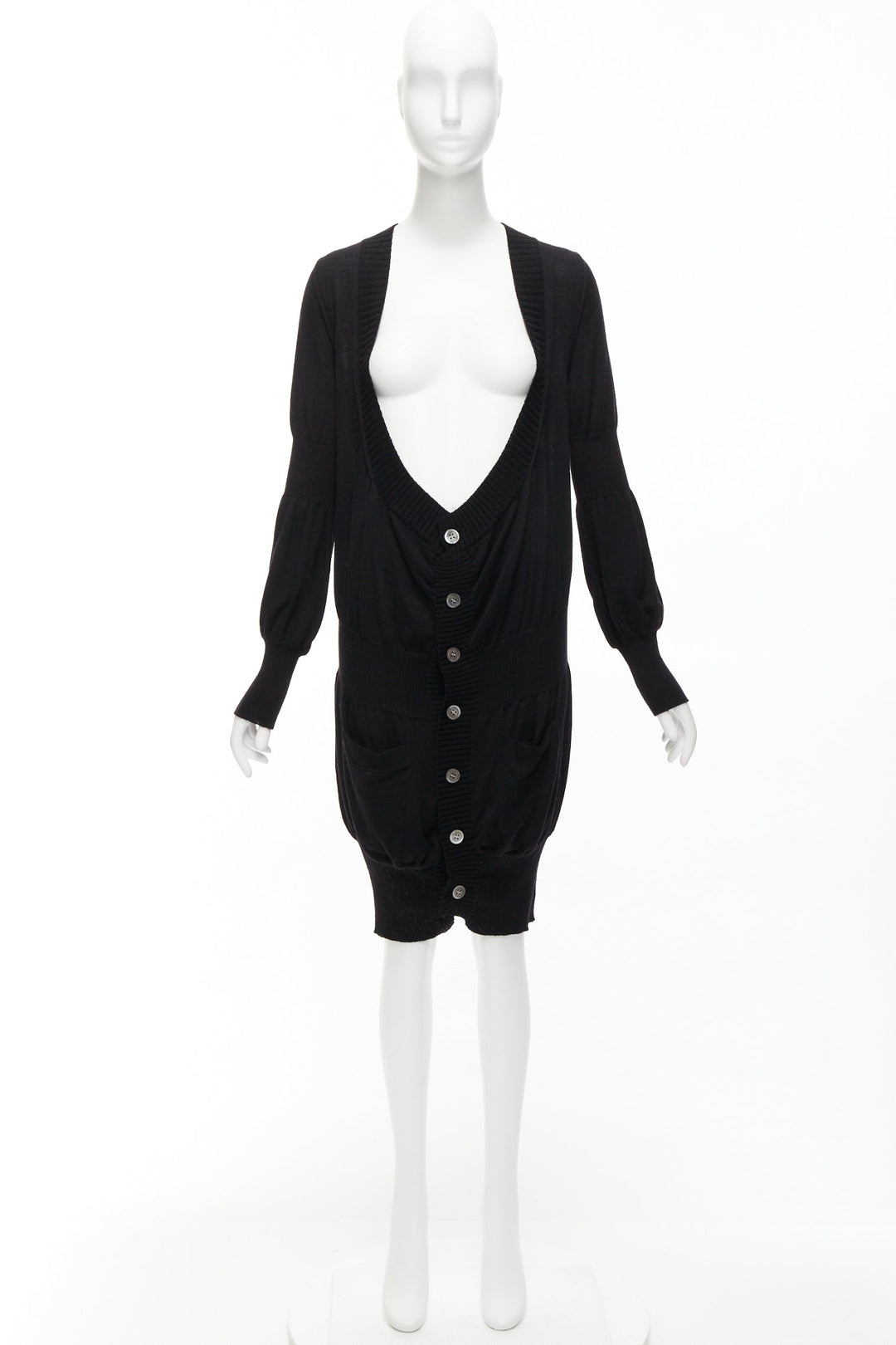 JUNYA WATANABE 2006 black wool low cut long button up cardigan sweater S