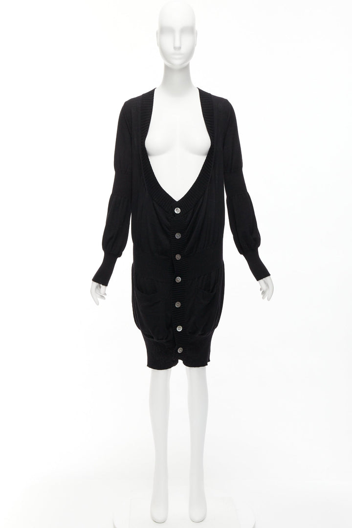 JUNYA WATANABE 2006 black wool low cut long button up cardigan sweater S