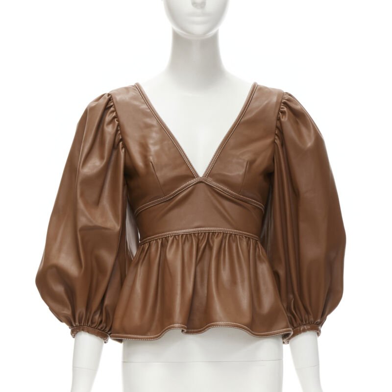 STAUD Luna tan brown vegan faux leather plunge neck puff sleeve top US0 XS