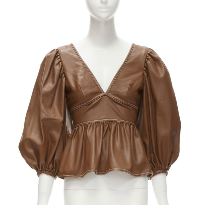 STAUD Luna tan brown vegan faux leather plunge neck puff sleeve top US0 XS