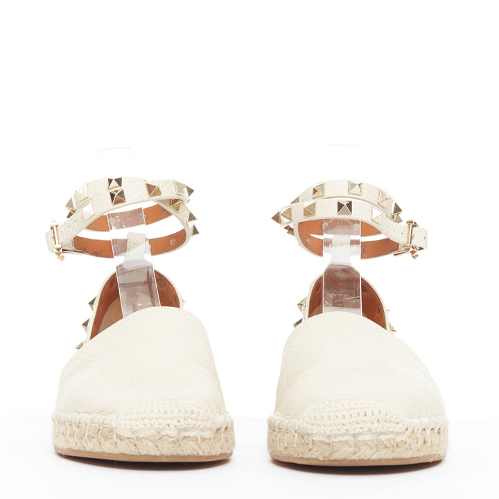 VALENTINO Rockstud cream leather gold stud double espadrille flats EU37