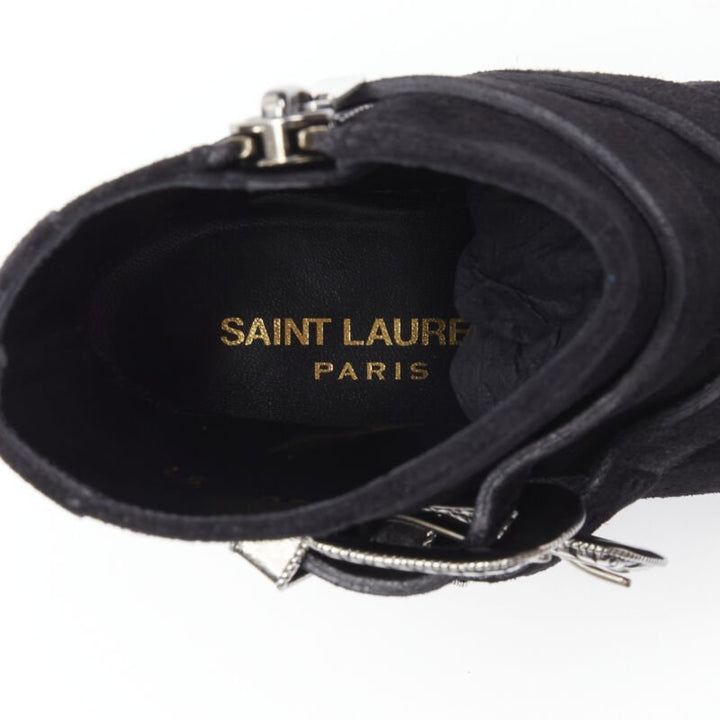 SAINT LAURENT Charlotte 55 black suede silver western buckle bootie EU37