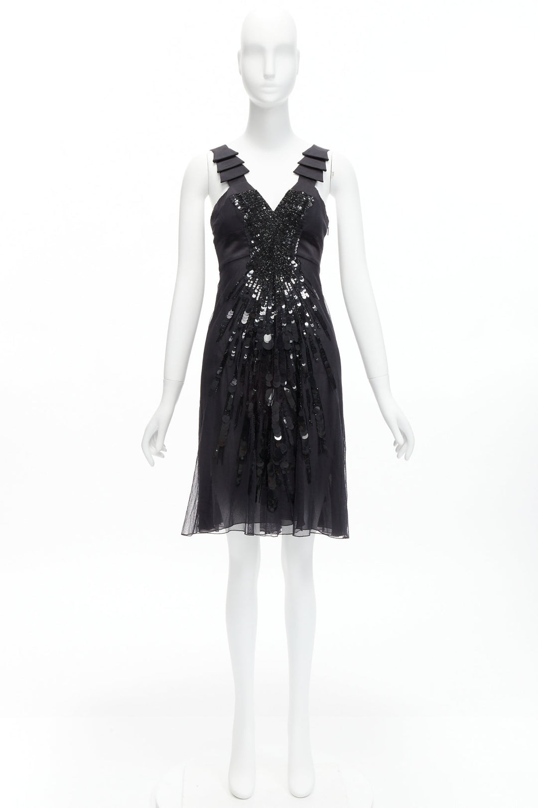 rare VERSACE 2008 black sequins bead embellishment ruffle strap dress IT38 XS