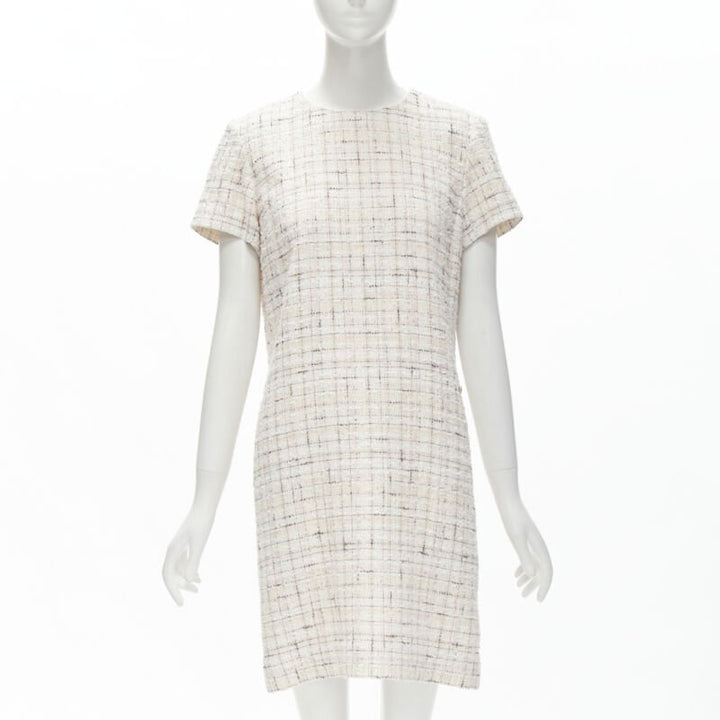 CHANEL light pink beige black check tweed short sleeve sheath dress FR38 M