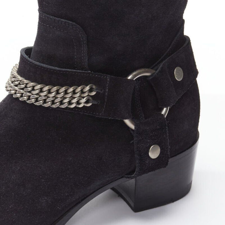 SAINT LAURENT Wyatt 40 black suede silver chain harness ankle boot EU36.5