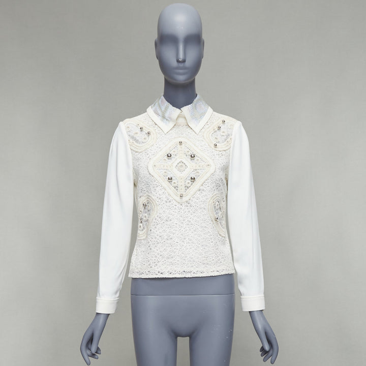 PETER PILOTTO cream wool blend lace dome beaded blouse UK8 S
