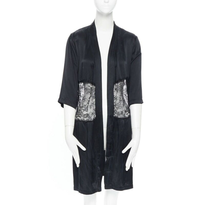 PRESENT LONDON black 100% silk floral lace panel lingerie short kimono robe UK8
