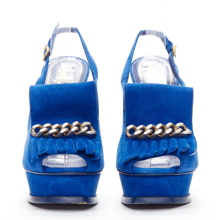 YVES SAINT LAURENT Tribute cobalt blue suede fringe chain platform EU37.5