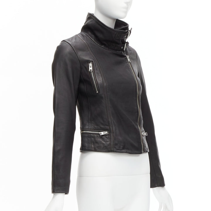 ALL SAINTS Bales black lamb leather buckles funnel collar biker jacket UK6 XS