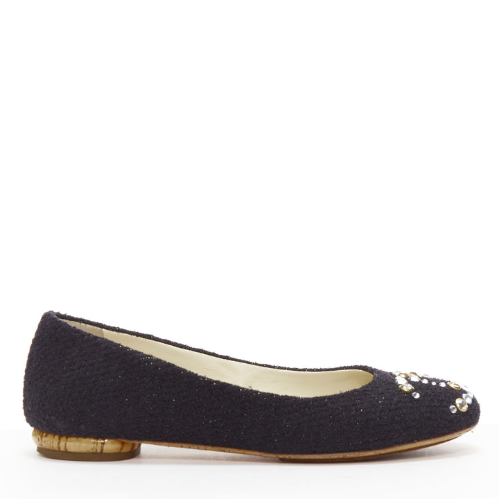 CHANEL black tweed crystal CC embellished logo round toe flat shoes EU35