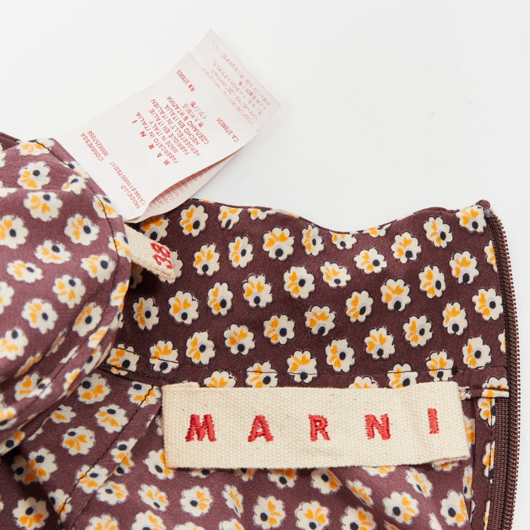 MARNI brown yellow floral asymmetric ruffle drapes hi neck top IT38 XS